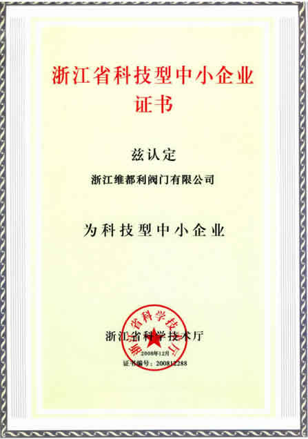 維都利閥門榮獲省科技型中小企業(yè)證書