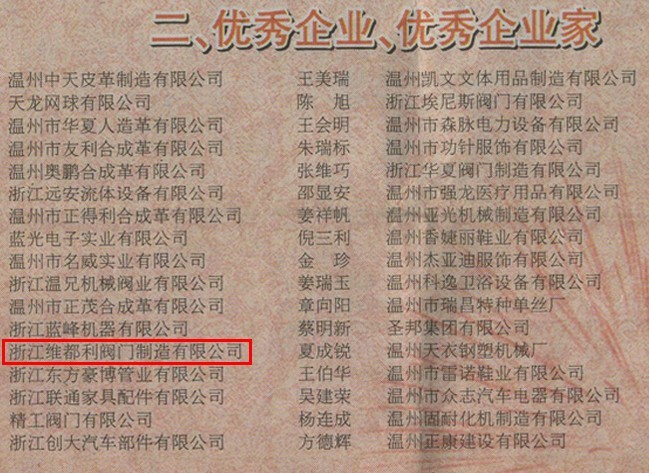 2013年龍灣區(qū)優(yōu)秀企業(yè)-維都利閥門(mén)有限公司